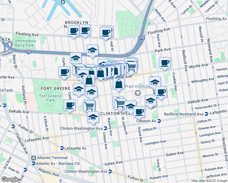 map of restaurants, bars, coffee shops, grocery stores, and more near 227 Washington Avenue in Brooklyn
