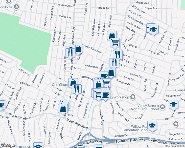 map of restaurants, bars, coffee shops, grocery stores, and more near 1263 G Street in Valley Stream
