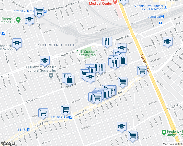 map of restaurants, bars, coffee shops, grocery stores, and more near 97-21 125th Street in Queens