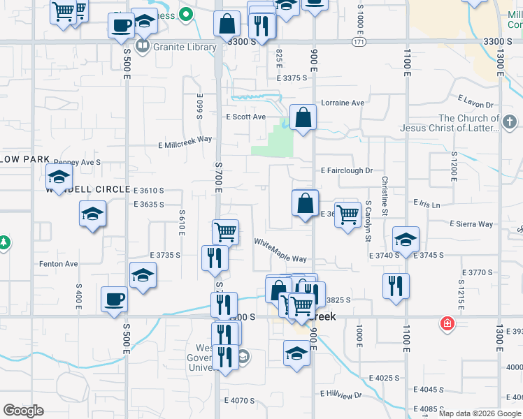 map of restaurants, bars, coffee shops, grocery stores, and more near 786 Redmaple Circle in Millcreek
