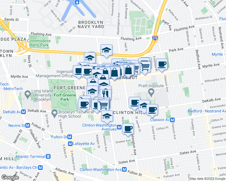 map of restaurants, bars, coffee shops, grocery stores, and more near 200 Waverly Avenue in Brooklyn