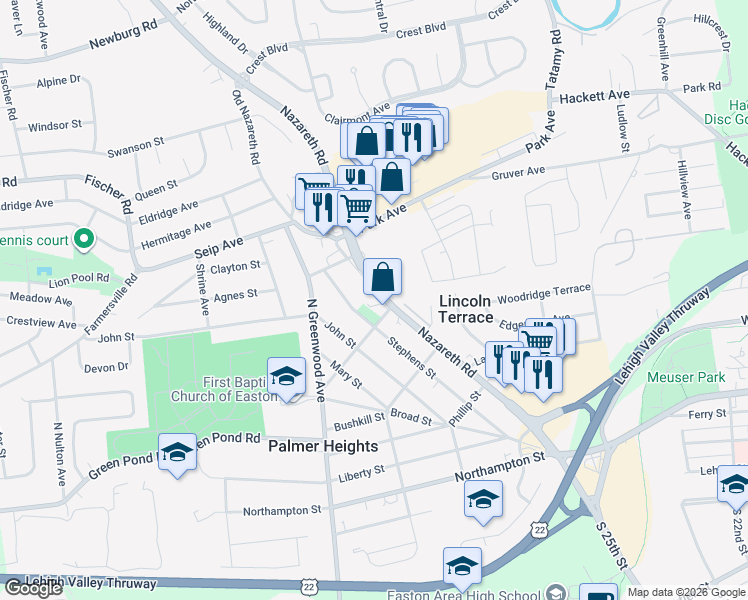 map of restaurants, bars, coffee shops, grocery stores, and more near in Palmer Heights