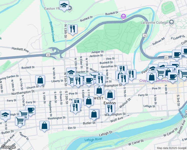 map of restaurants, bars, coffee shops, grocery stores, and more near 116 Willow Street in Easton