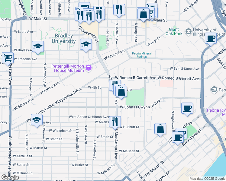 map of restaurants, bars, coffee shops, grocery stores, and more near 910 West 4th Street in Peoria