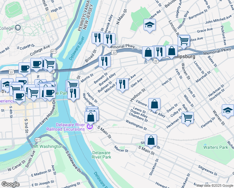 map of restaurants, bars, coffee shops, grocery stores, and more near 82 Filmore Street in Phillipsburg