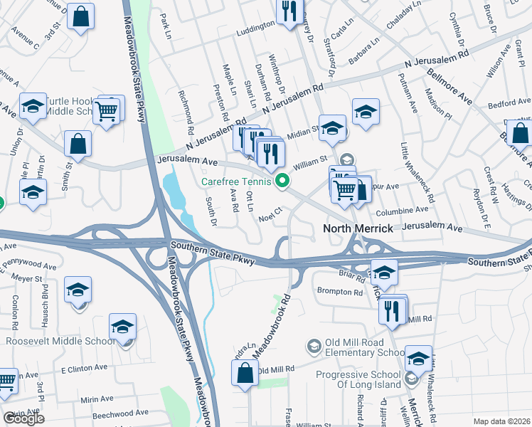 map of restaurants, bars, coffee shops, grocery stores, and more near 1379 Noel Ct in Merrick