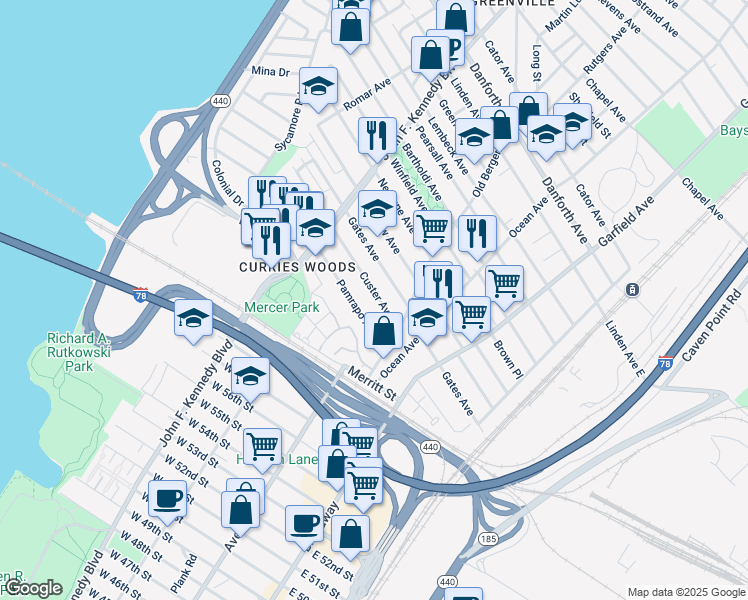 map of restaurants, bars, coffee shops, grocery stores, and more near 145 Custer Avenue in Jersey City