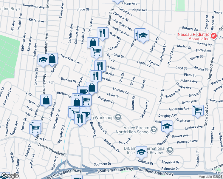 map of restaurants, bars, coffee shops, grocery stores, and more near 1089 Lorraine Drive in Franklin Square