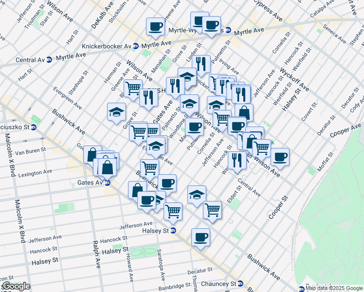 map of restaurants, bars, coffee shops, grocery stores, and more near 1118 Madison Street in Brooklyn