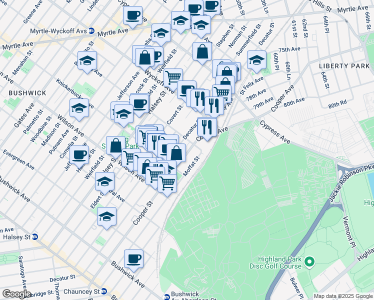 map of restaurants, bars, coffee shops, grocery stores, and more near 295A Cooper Street in Brooklyn