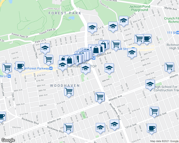 map of restaurants, bars, coffee shops, grocery stores, and more near 92-14 88th Avenue in Queens