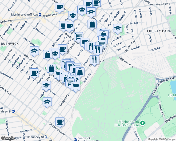 map of restaurants, bars, coffee shops, grocery stores, and more near 304 Cooper Street in Brooklyn
