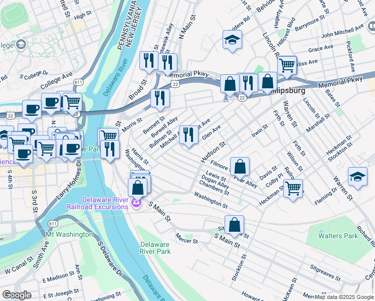 map of restaurants, bars, coffee shops, grocery stores, and more near 8 Glen Avenue in Phillipsburg