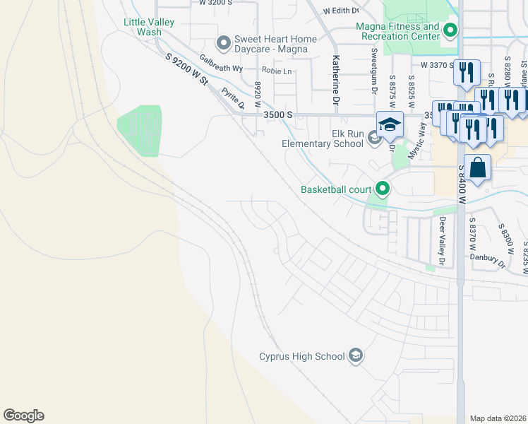 map of restaurants, bars, coffee shops, grocery stores, and more near 3684 South Alluvial Drive in Magna