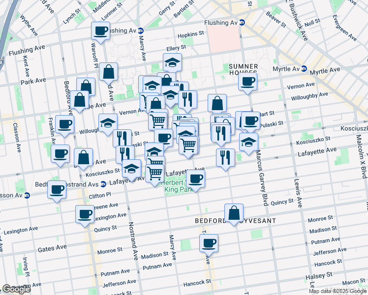 map of restaurants, bars, coffee shops, grocery stores, and more near 733 Dekalb Avenue in Brooklyn
