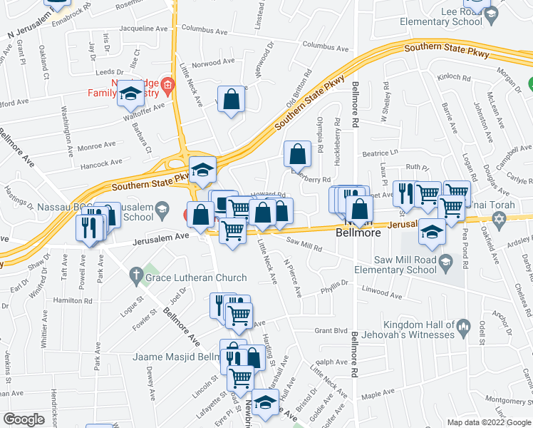 map of restaurants, bars, coffee shops, grocery stores, and more near 2518 Jody Court in North Bellmore