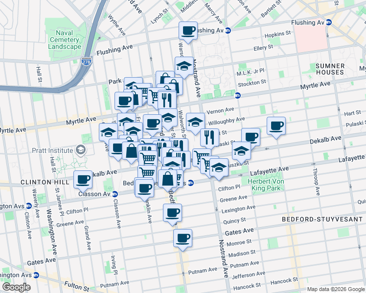 map of restaurants, bars, coffee shops, grocery stores, and more near 220 Walworth Street in Brooklyn