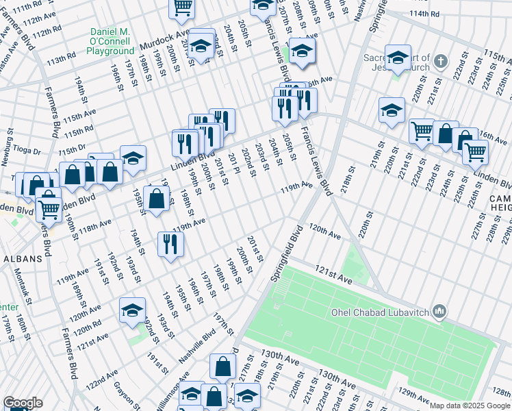 map of restaurants, bars, coffee shops, grocery stores, and more near 201-50 119th Avenue in Queens