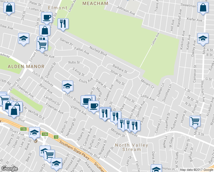 map of restaurants, bars, coffee shops, grocery stores, and more near 1760 Diane Street in Elmont