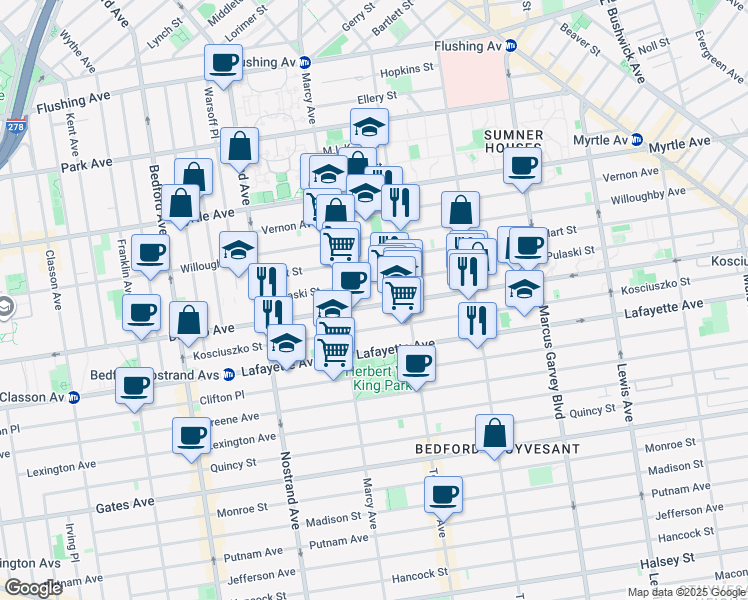 map of restaurants, bars, coffee shops, grocery stores, and more near 733 Dekalb Avenue in Brooklyn