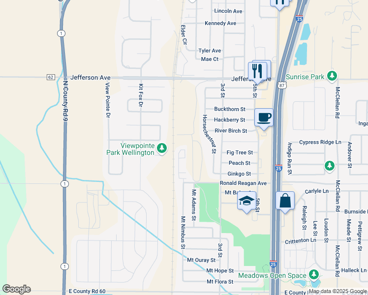 map of restaurants, bars, coffee shops, grocery stores, and more near 5111 County Road 62 in Wellington