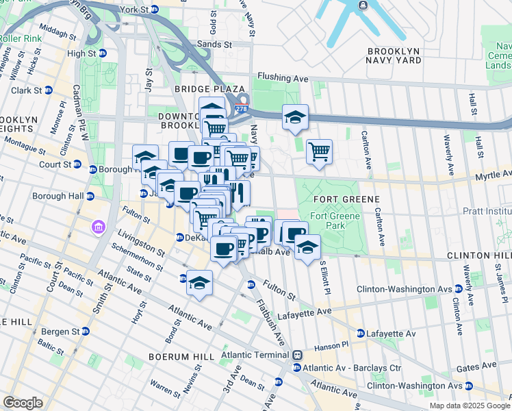 map of restaurants, bars, coffee shops, grocery stores, and more near 196 Willoughby Street in Brooklyn