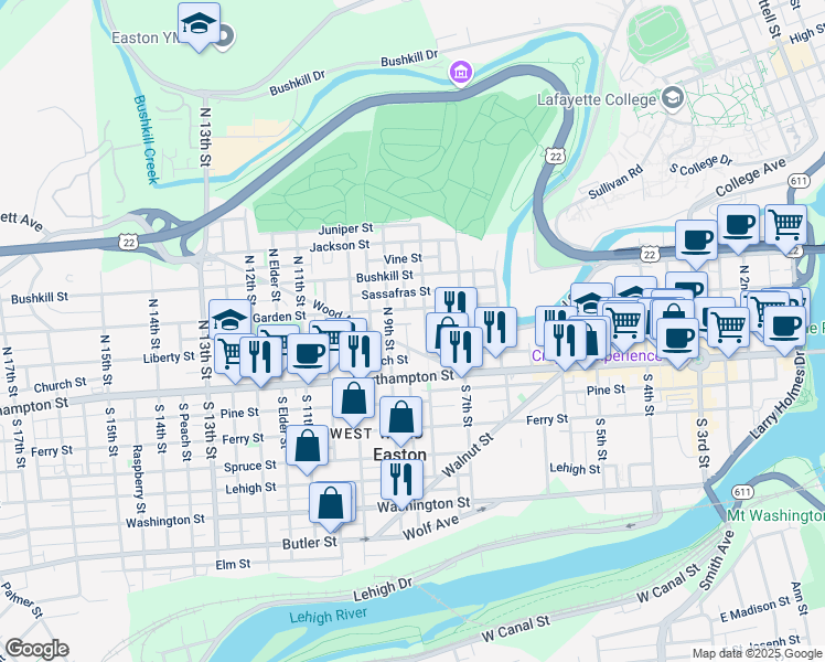 map of restaurants, bars, coffee shops, grocery stores, and more near 13 North Mulberry Street in Easton