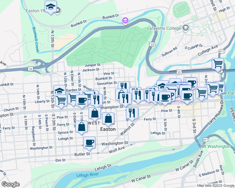 map of restaurants, bars, coffee shops, grocery stores, and more near 719 Pearl Street in Easton