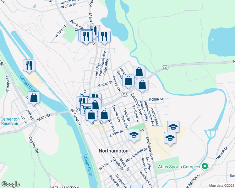 map of restaurants, bars, coffee shops, grocery stores, and more near 235 Station Alley in Northampton