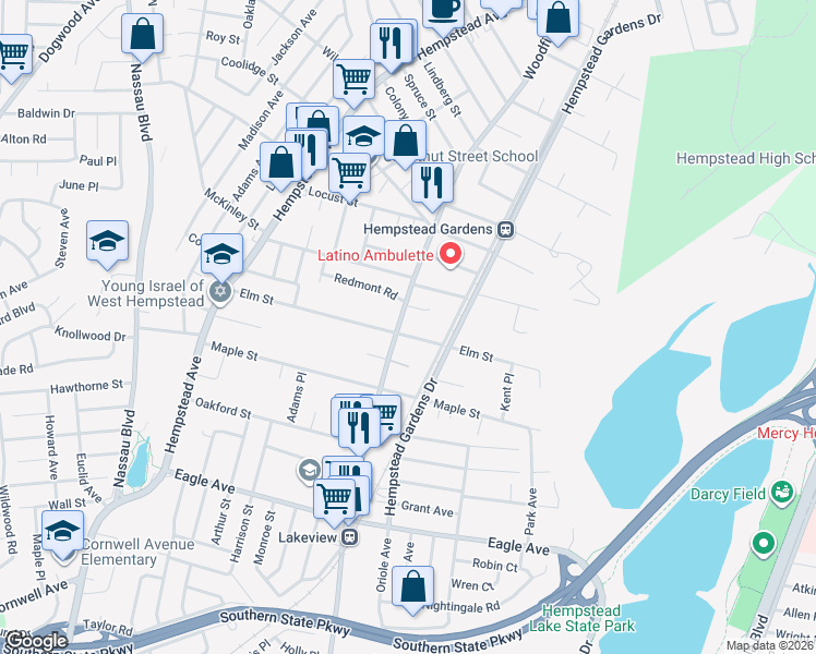 map of restaurants, bars, coffee shops, grocery stores, and more near 407 Elm Street in West Hempstead