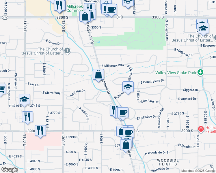 map of restaurants, bars, coffee shops, grocery stores, and more near 3643 Highland Drive in Millcreek