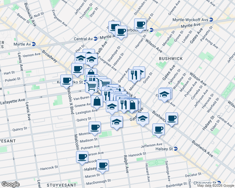 map of restaurants, bars, coffee shops, grocery stores, and more near 13 Goodwin Place in Brooklyn