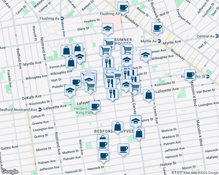 map of restaurants, bars, coffee shops, grocery stores, and more near 830 Dekalb Avenue in Brooklyn