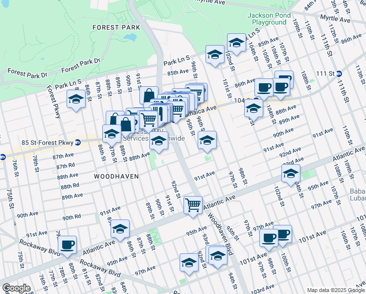 map of restaurants, bars, coffee shops, grocery stores, and more near 87-64 94th Street in Queens