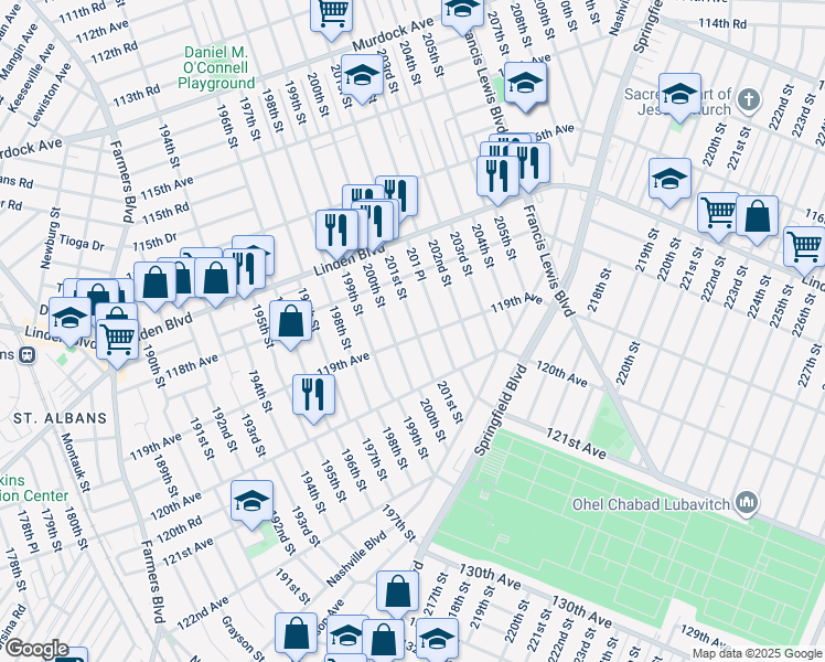 map of restaurants, bars, coffee shops, grocery stores, and more near 200-19 119th Avenue in Queens
