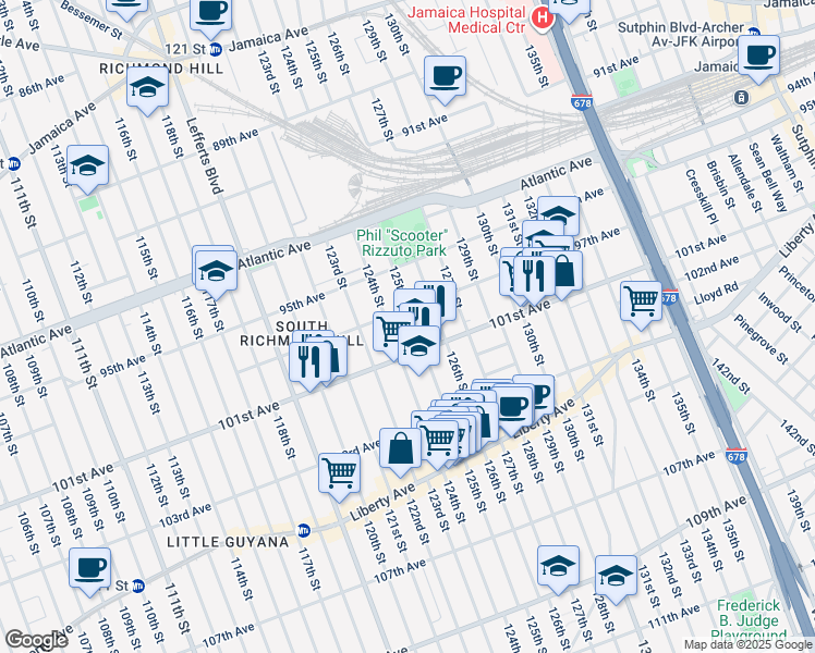 map of restaurants, bars, coffee shops, grocery stores, and more near 97-21 125th Street in Queens