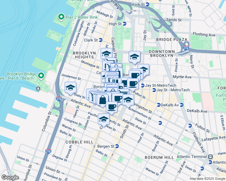 map of restaurants, bars, coffee shops, grocery stores, and more near 86 Court Street in Brooklyn