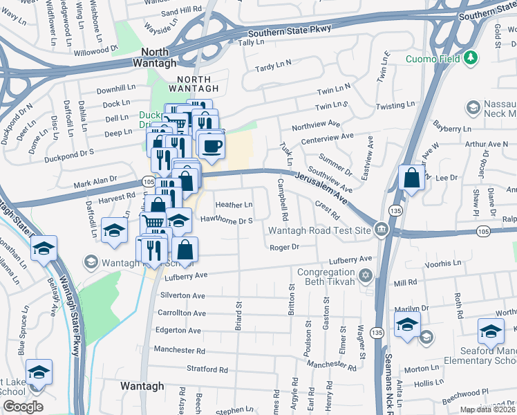 map of restaurants, bars, coffee shops, grocery stores, and more near 1253 Barberry Road in Wantagh