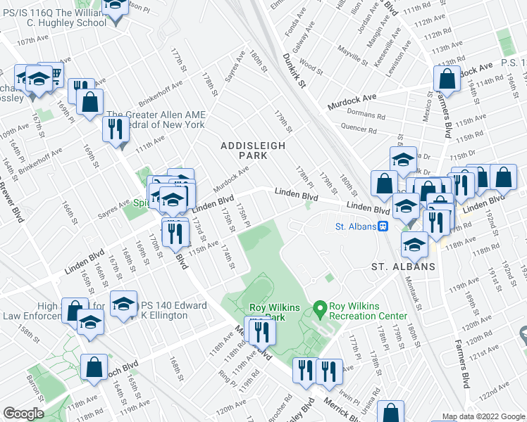 map of restaurants, bars, coffee shops, grocery stores, and more near 114-67 176th Street in Queens