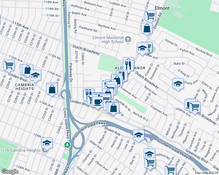map of restaurants, bars, coffee shops, grocery stores, and more near 11605 240th Street in Elmont