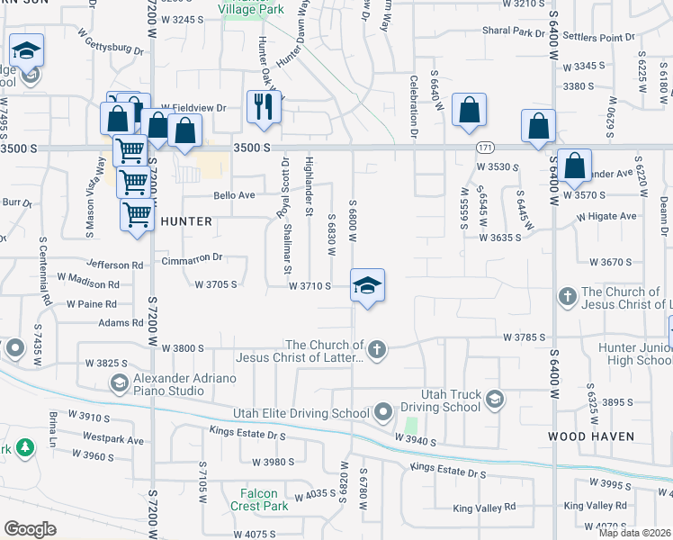 map of restaurants, bars, coffee shops, grocery stores, and more near 3683 South 6830 West in West Valley City