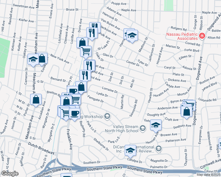 map of restaurants, bars, coffee shops, grocery stores, and more near 1052 Lorraine Drive in Franklin Square