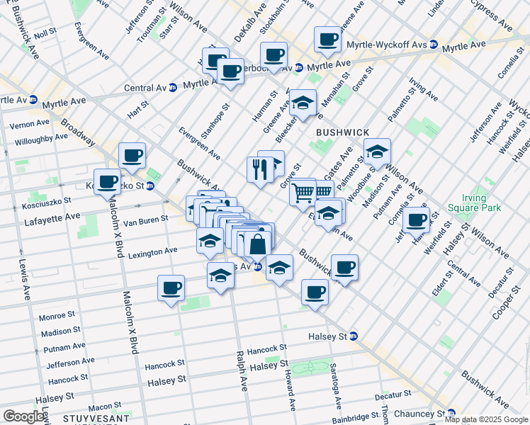 map of restaurants, bars, coffee shops, grocery stores, and more near 68 Grove Street in Brooklyn