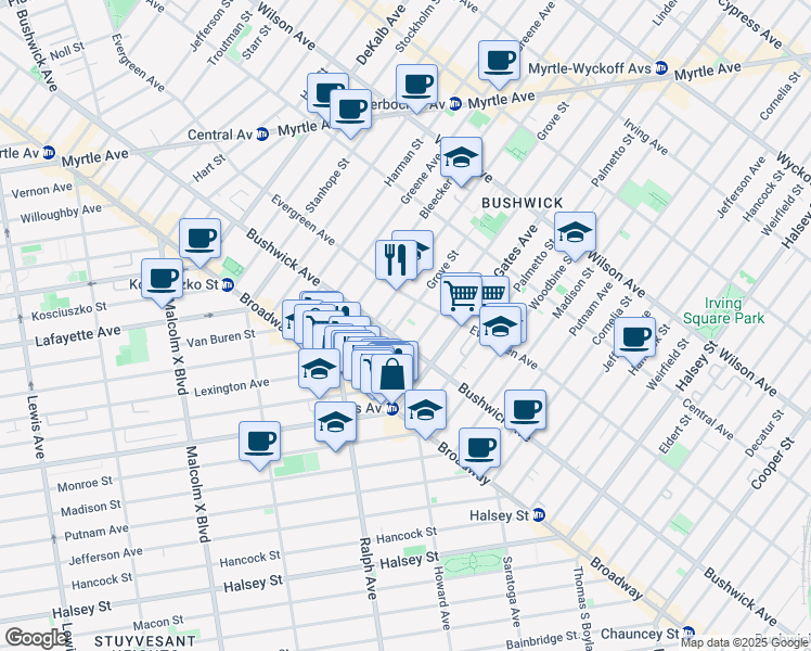 map of restaurants, bars, coffee shops, grocery stores, and more near 68 Grove Street in Brooklyn