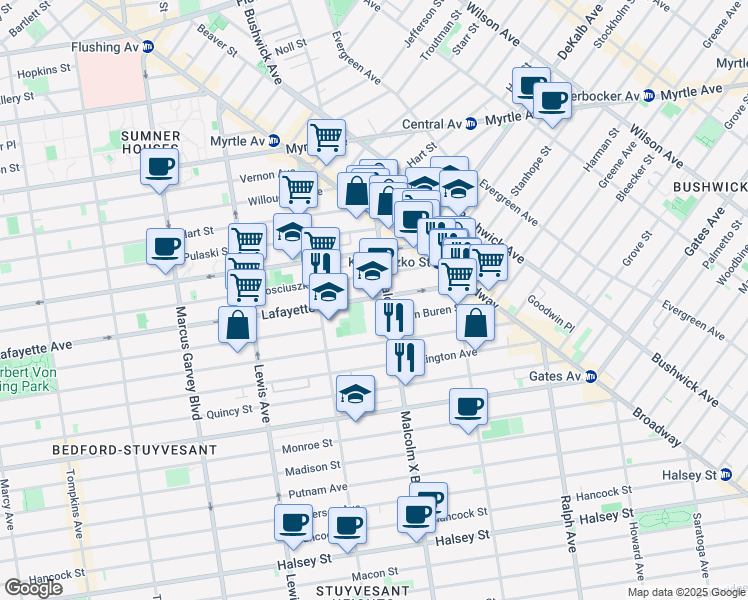 map of restaurants, bars, coffee shops, grocery stores, and more near 60 Malcolm X Boulevard in Brooklyn