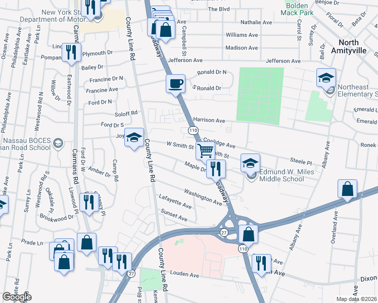 map of restaurants, bars, coffee shops, grocery stores, and more near 24 W Smith St in Amityville
