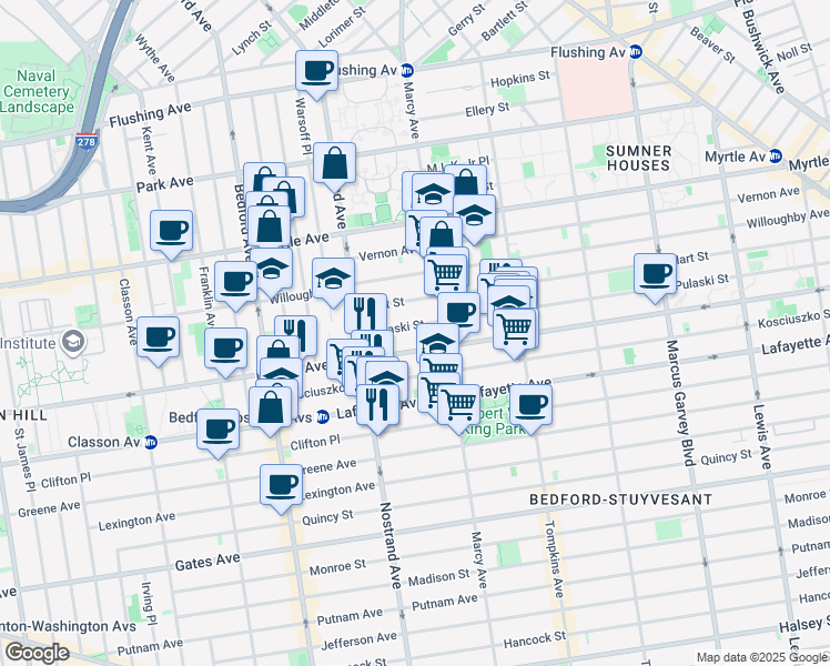 map of restaurants, bars, coffee shops, grocery stores, and more near 42 Pulaski Street in Brooklyn