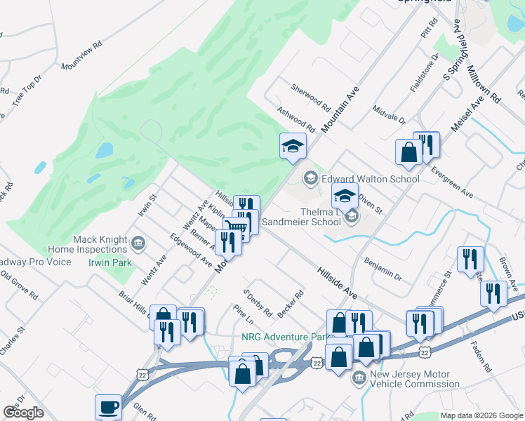map of restaurants, bars, coffee shops, grocery stores, and more near 231 Mountain Avenue in Springfield