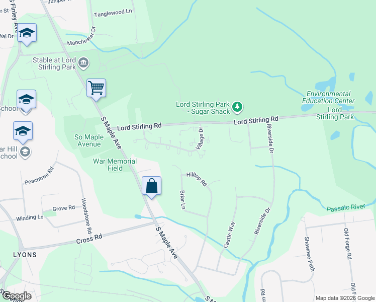 map of restaurants, bars, coffee shops, grocery stores, and more near 65 Village Drive in Basking Ridge