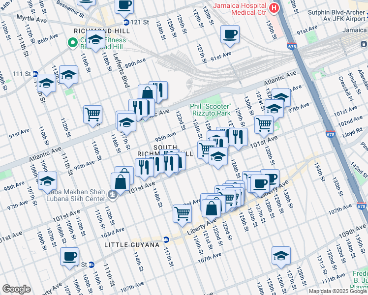 map of restaurants, bars, coffee shops, grocery stores, and more near 121-11 97th Avenue in Queens